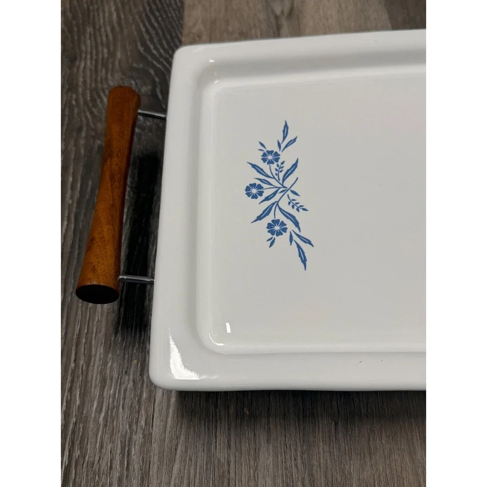 Vintage Corning Ware Blue Cornflower Electric Warming Tray Wood Handle No Cord